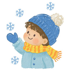 Illustration Kids with Blue Gloves play in the snow hand drawn oil pastels style PNG Transparent Background