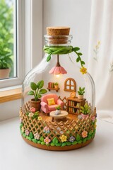 Fototapeta premium Cute clay terrarium diorama inside a glass bottle featuring miniature living room with pink armchair, tiny bookshelves, and glowing lamp, generative AI