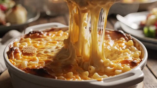 Delicious homemade macaroni and cheese with melted stretchy cheese pull in a ceramic dish.