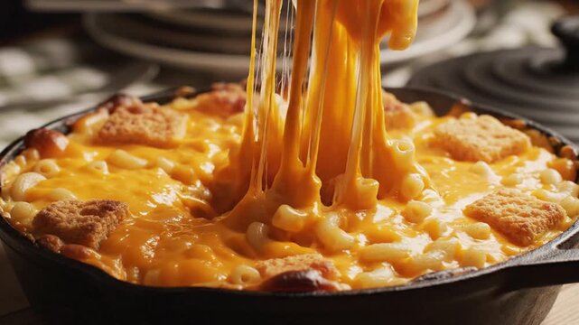 Delicious homemade macaroni and cheese with melted stretchy cheese in a cast iron skillet.