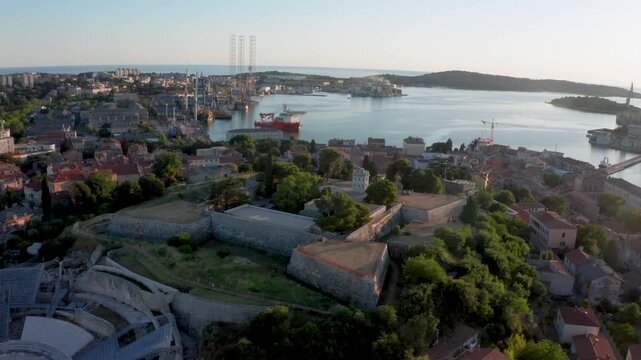Aerial Drone View of Pula Castle Overlooking the Adriatic Sea