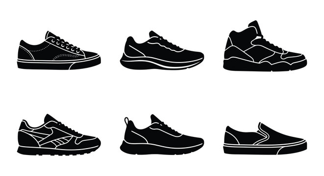 Black Silhouette Of Various Sneaker Styles Flat Vector Illustration