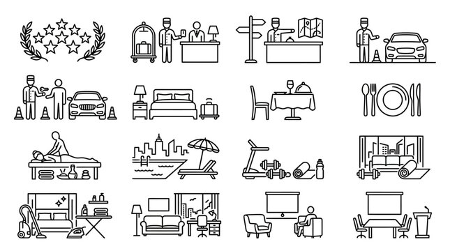 Modern hotel service thin line icon set.