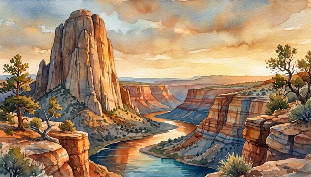 Ancient Granite Monolith Above Winding River Canyon Watercolor Landscape with Layered Rock Formations