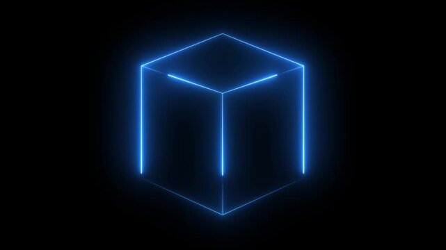 Abstract background, cube box with glowing neon lines on black background. Neon 3d square box stroke icon. Square box with bright.