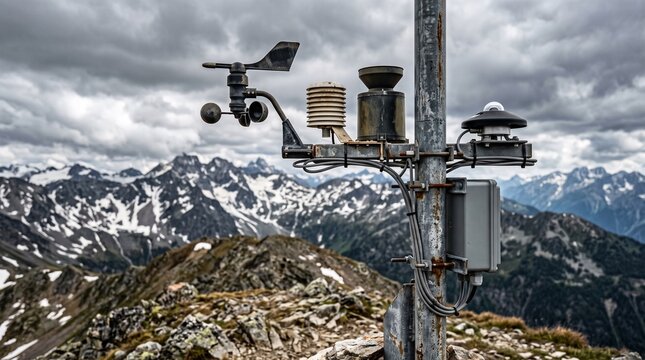 Automated weather station on mountain peak, professional meteorological equipment for climate monitoring, anemometer and sensors against snowy alpine landscape