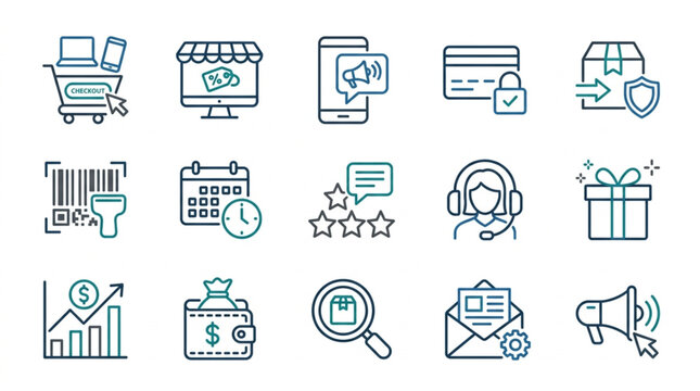 Flat design icons for ecommerce and business concepts.
