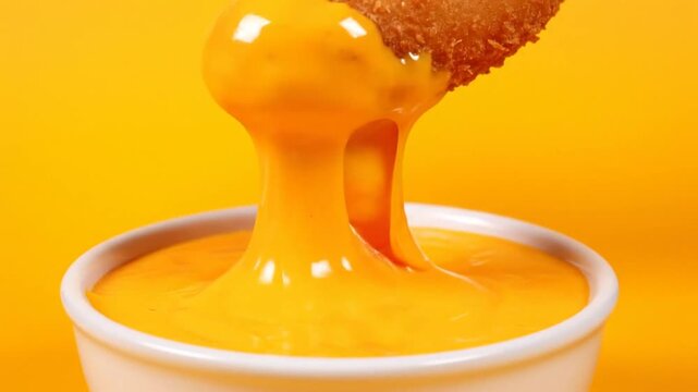 Crispy fried food being dipped into a bowl of melted cheddar cheese sauce.