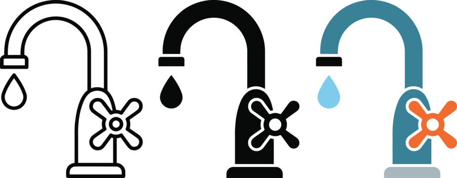 Faucet icon. Water tap with curved spout and dripping droplet symbol. Simple pictogram for plumbing, kitchen, bathroom, water and sink service.