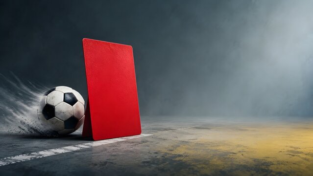 sports football discipline concept with red referee card blocking moving ball and clean copy space