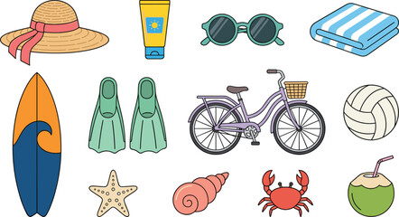 Summer Beach Vacation Icon Collection Featuring Surfboard, Bicycle, Sunscreen, Sunglasses, Beach Towel, Volleyball, Crab and Tropical Holiday Essentials © Nasima