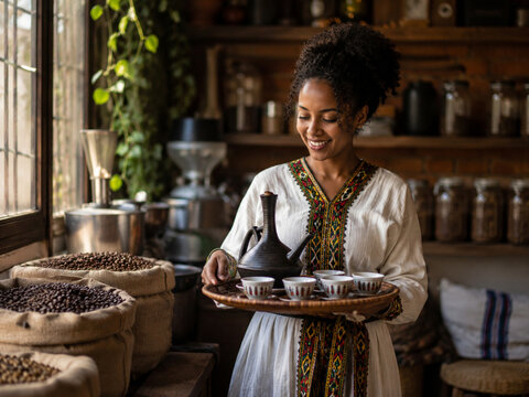 Woman serving traditional Ethiopian coffee in rustic coffee house