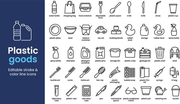 Plastic goods editable stroke line vector icons collection, featuring household items, packaging, toys, medical supplies, utensils, and everyday recyclable objects