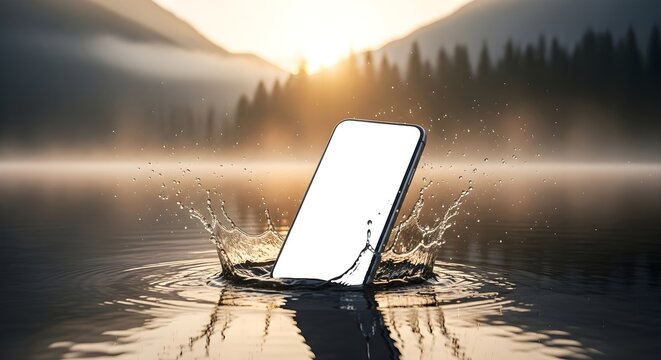 Smartphone with blank screen splashing into calm lake water during sunrise with a misty mountain landscape