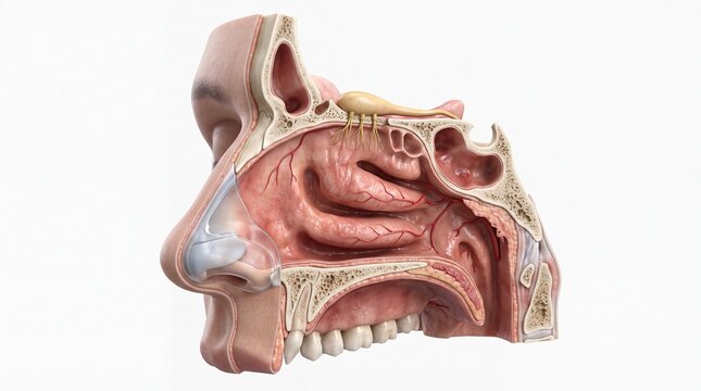 Nasal cavity anatomy sinus olfactory nerve cross section human head medical illustration respiratory system nasal passage mouth teeth bone structure detailed educationalNasal cavity anatomy sinus