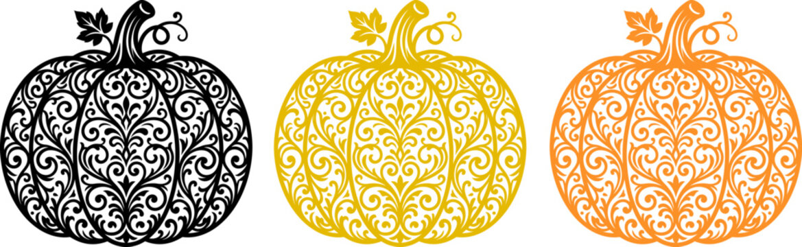 Set of three decorative pumpkins with intricate floral filigree patterns isolated on a white background for autumn design
