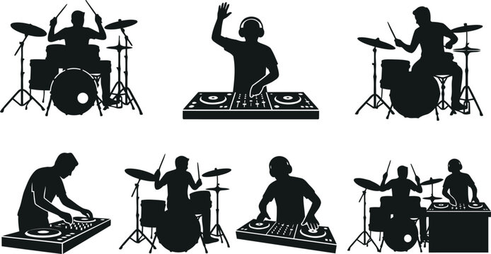 Musician Silhouette Icon Set Featuring Drummers and DJs Performing on StageMusician Silhouette Icon Set Featuring Drummers and DJs Performing on Stage