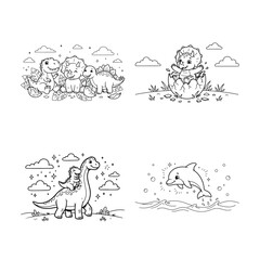 Set of four cute dinosaur coloring pages for kids featuring prehistoric animals in natural landscapes and environments © MDAMINUL
