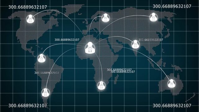 Animation of network of digital icons and changing numbers over spinning globe and data processing collegamenti tra persone Social network animation, icons with users connected together. Alpha channel
