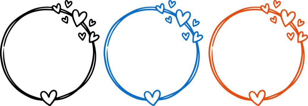 Set of three hand drawn circular frames decorated with cute hearts in black blue and orange colors