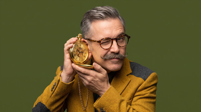 Stylish mature man with mustache winking and listening to vintage pocket watch, retro fashion concept on green background.