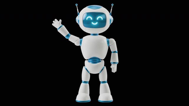 Cute 3d chatbot robot standing and waving its hand in greeting or hello gesture. Friendly chat bot. Support, assistant and helper concept. Robotic toy. Graphics animation with alpha channel