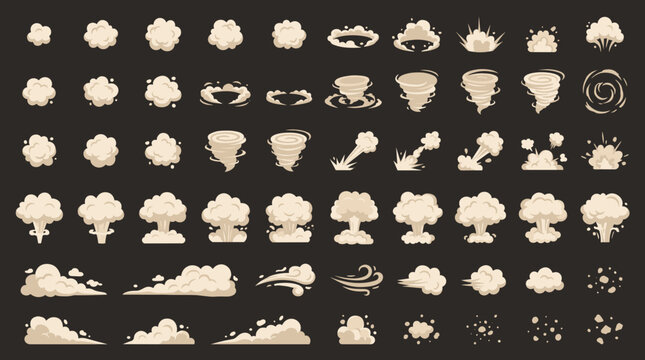 Cartoon explode cloudburst. Comic explosive effect. Radial explosion icon, bomb explosion, fire fume, speed smoke ring, blast, gas puffs in air, bang power. Vector set