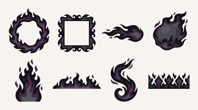 Collection of magical purple fire elements and dark flame frames, mystical energy effects, game asset design, dark aura, fantasy power icons