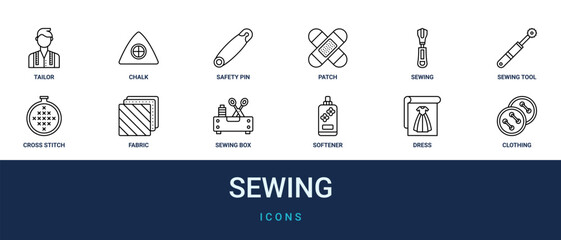 Fototapeta premium Set of 12 outline web Sewing icons such as clothing button, dress, softener, sewing box, fabric, Cross stitch, sewing tool vector icons for report, presentation, diagram, web design, mobile app