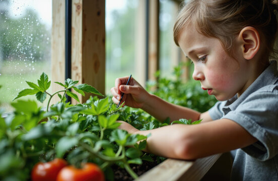 Rainy windowsill gardening: child carefully tending seedlings