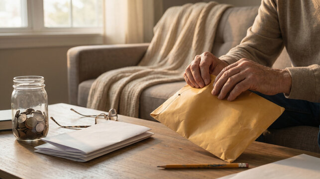 Coin jar and utility paperwork with concerned hands in a simple living room
