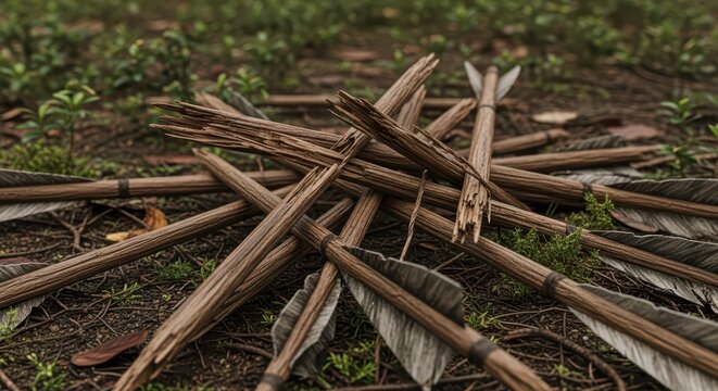 Pile of broken wooden arrows with feathered fletching scattered on forest floor, ancient hunting weapon concept