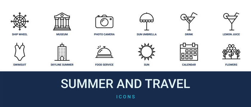 Set of 12 outline web Summer and Travel icons such as flowers, calendar, sun, food service, skyline from summer and travel collection. Thin such as city, building. for use on web and mobile apps,