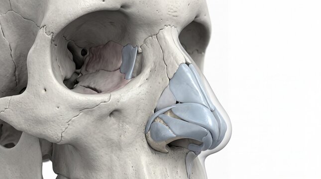 Nose anatomy medical illustration showing nasal bone, cartilage, and surrounding facial bone structure in detailed and educational style for anatomical study