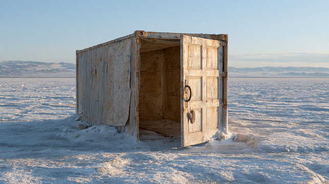 An abandoned shipping container standing alone on a frozen salt flat at child eye level, interior walls plastered with hand drawn cargo route maps and elevation diagrams, a small