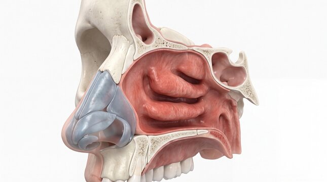 Nasal cavity anatomy nasal septum turbinates sinus bone cartilage medical illustration human head cross section respiratory system detailed educational realistic