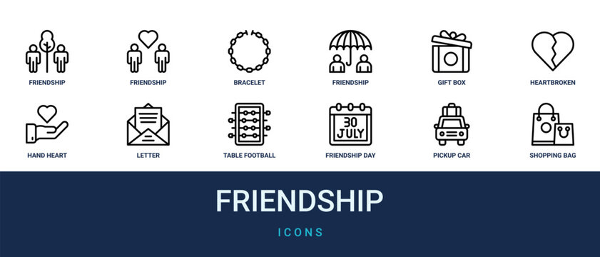 Set of 12 outline web Friendship icons such as shopping bag, pickup car, friendship day, table football, letter, hand heart, heartbroken vector icons for report, presentation, diagram, web design,