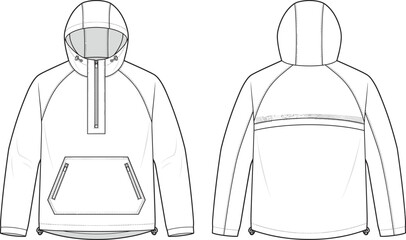 Half zip windbreaker hoodie tech pack technical sketch vector illustration with front and back views © boishakhisarker