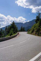 Obraz premium A winding mountain road curves past a concrete barrier and tall pine trees with dramatic peaks rising in the background. Fluffy white clouds fill the vivid blue sky above this scenic alpine drive