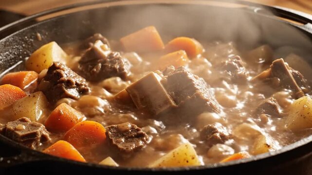 A delicious hot beef stew simmering in a rustic cast iron pot with vegetables.