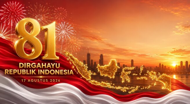 Indonesian national day celebration marking 81 years of independence with spectacular fireworks and the national flag