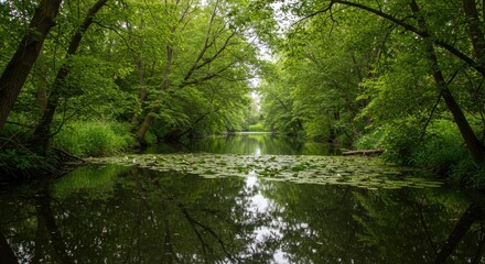 Fototapeta premium Tranquil river flowing through lush green forest trees in daylight