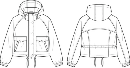 Technical fashion flat sketch of a casual hooded windbreaker jacket with front flap pockets and drawstring hem © boishakhisarker
