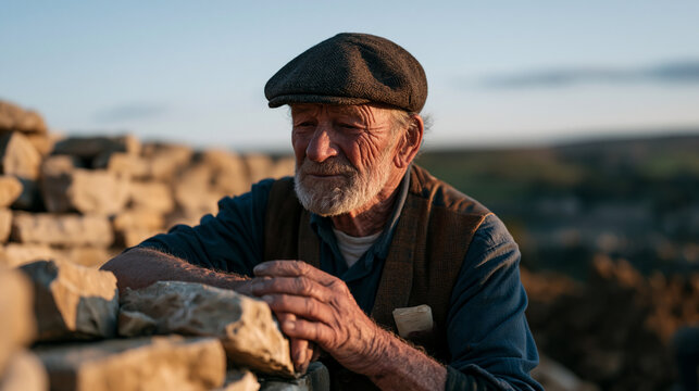 An elderly drystone waller rebuilds a collapsed boundary wall in golden late afternoon light, housing property management dispute paperwork folded in his vest pocket, skilled