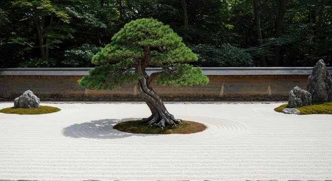 Tranquil zen garden scene featuring a bonsai tree and rock formations