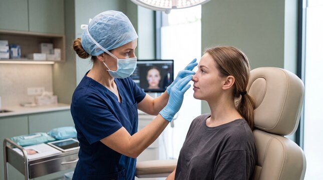 Plastic surgeon examining nose patient consultation medical clinic healthcare professional woman mask gloves chair modern office facial assessment cosmetic procedure