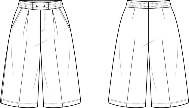 Technical fashion flat sketch of a casual wide leg culotte pants with elastic waistband and side pockets