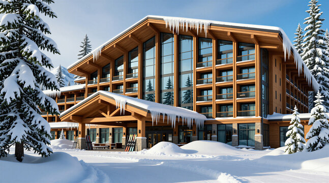 Modern wooden hotel facade in mountain ski resort with glass windows. Snow covered roof, icicles hang on building exterior during winter season. Pine trees surround luxury lodging facility in nature