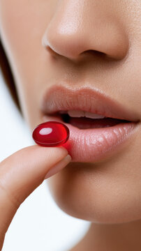 Close up mouth holding red supplement pill