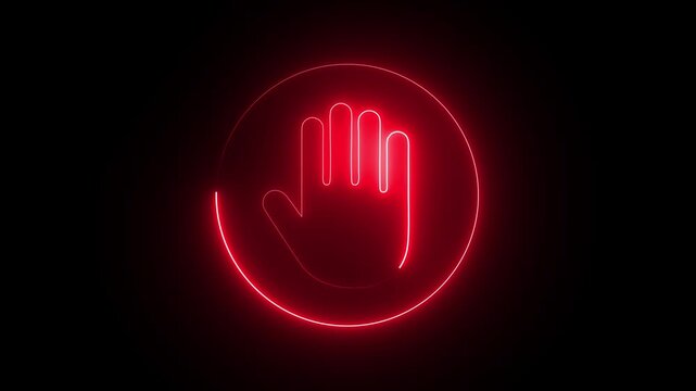 Neon Pointing Human Hand Animation. Showing forefinger. emoji icon symbol in glow led lights. Isolated on Black Background.